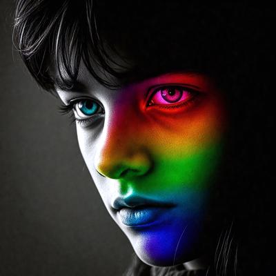 The primary subject of the image is a woman with purple eyes. She is the main focus of the image. The setting is a dark background, which creates a dramatic and mysterious atmosphere. The visual style is a digital art or illustration, as the woman's eyes are depicted with a rainbow color gradient. The colors and mood of the image are vibrant and captivating, with the woman's purple eyes standing out against the dark background.